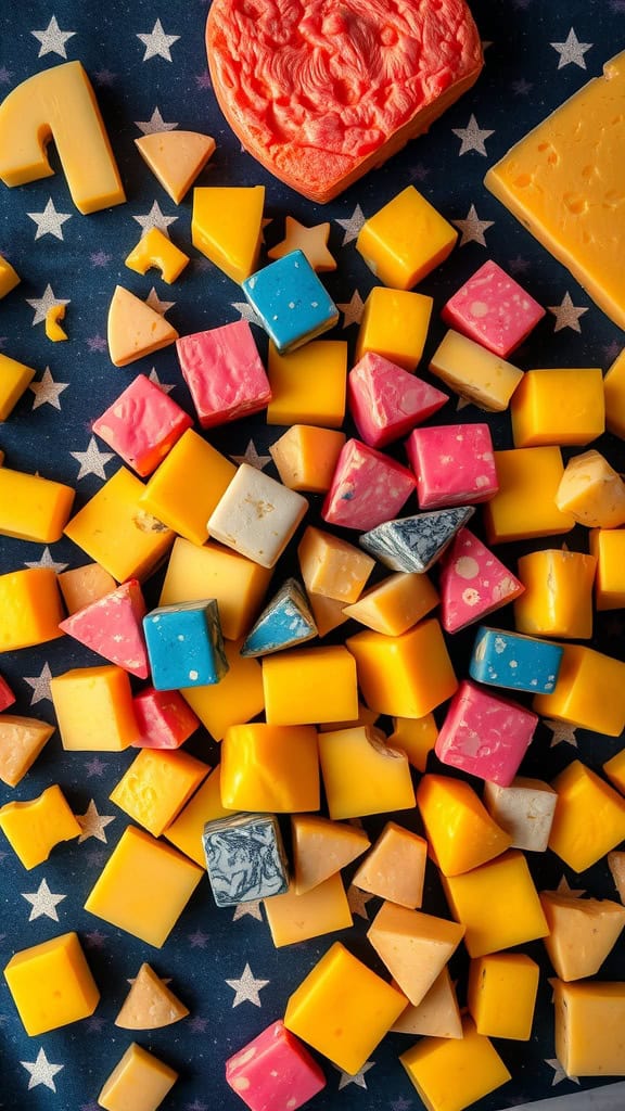 Colorful cheese cubes arranged with space-themed labels