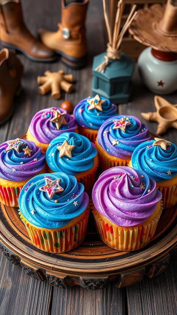 Colorful galaxy-themed cupcakes with blue and purple frosting, decorated with star sprinkles.