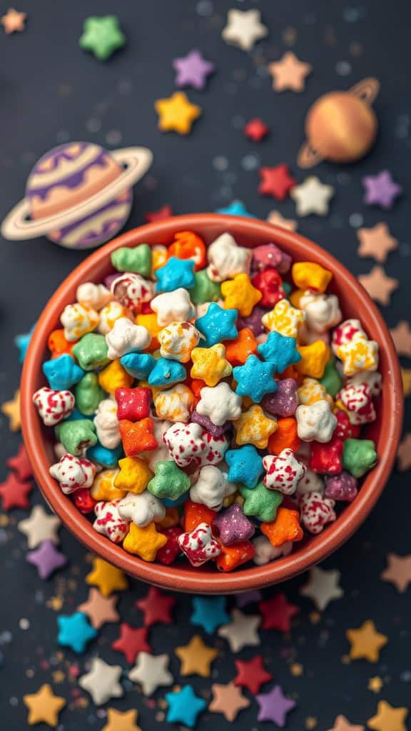 Colorful cosmic popcorn with star-shaped sprinkles in a bowl