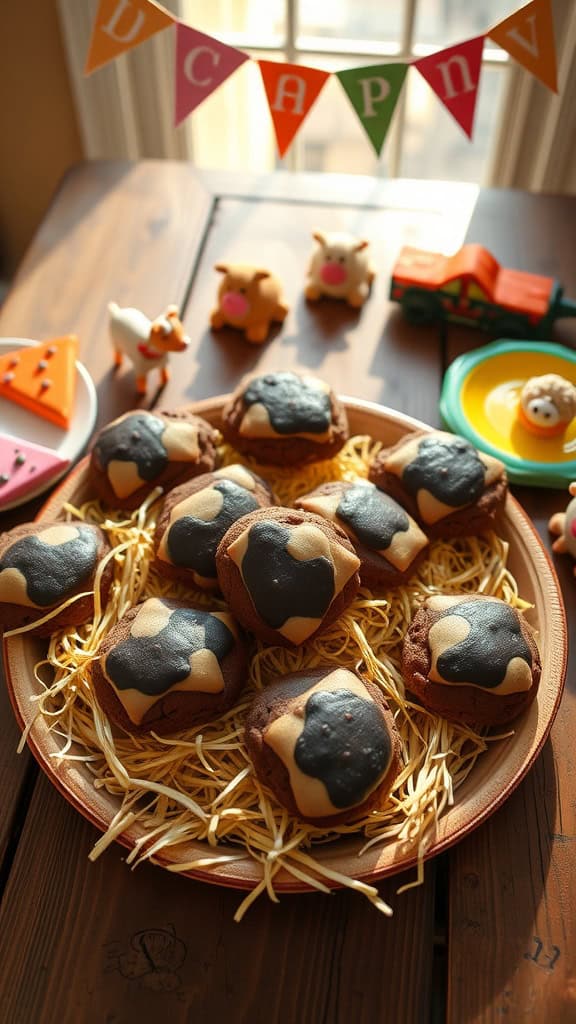 Chocolate cookies shaped like cow patties, decorated with frosting.