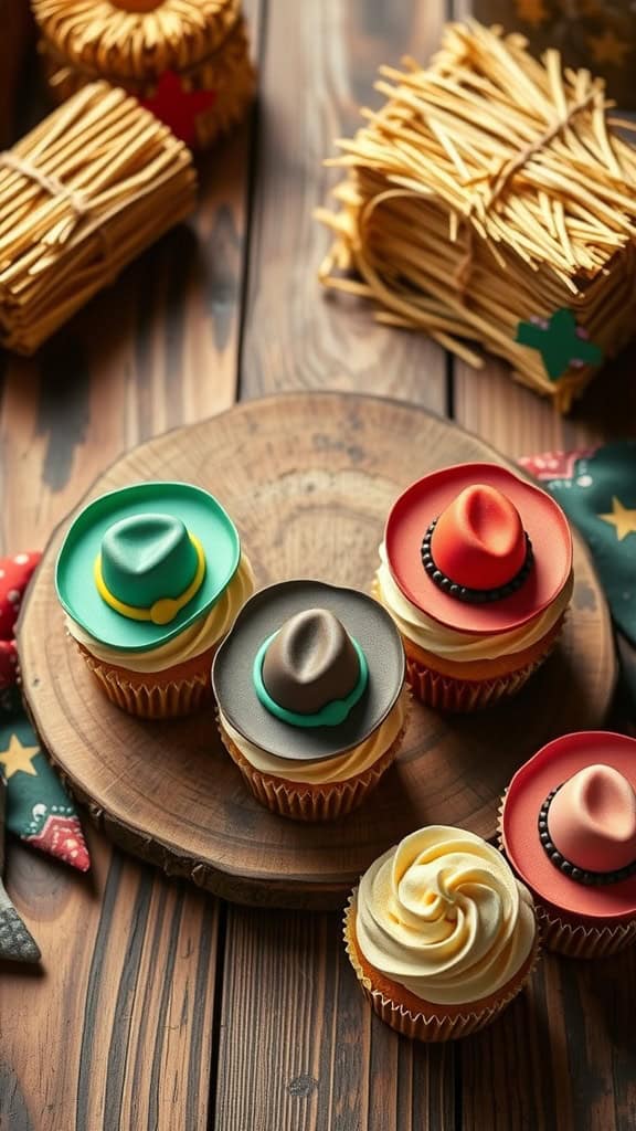 Cowboy-themed cupcakes with colorful edible hat toppers