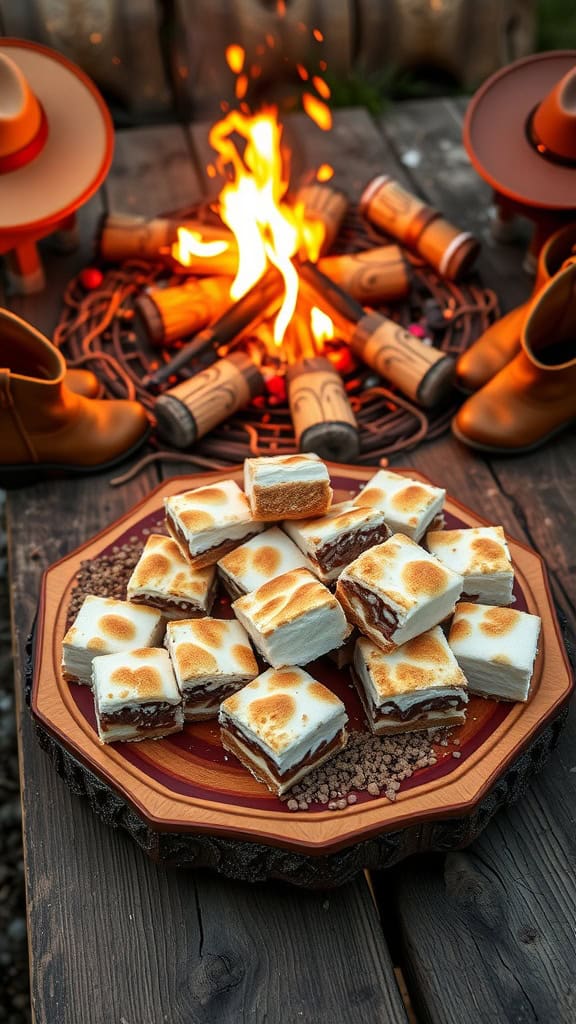 Delicious S'Mores bars served on a wooden platter.