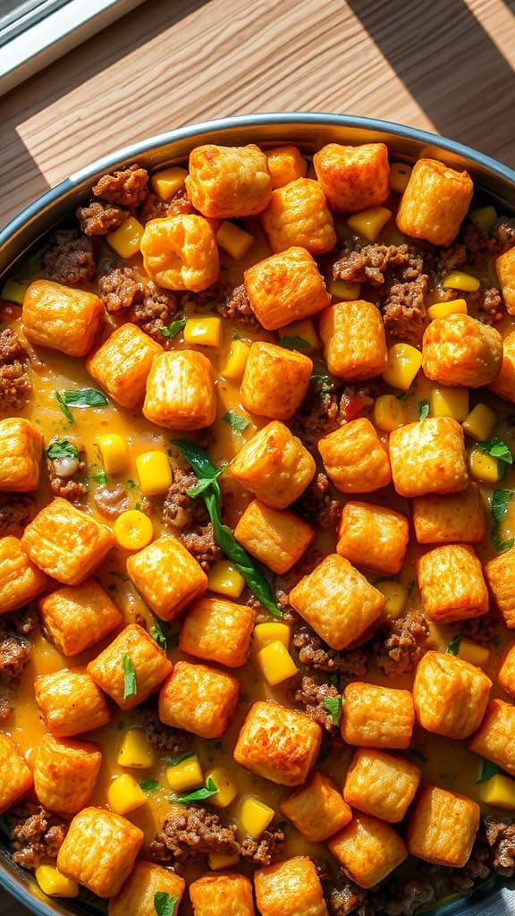 A close-up of a Cowboy Casserole topped with crispy tater tots, ground beef, and corn.