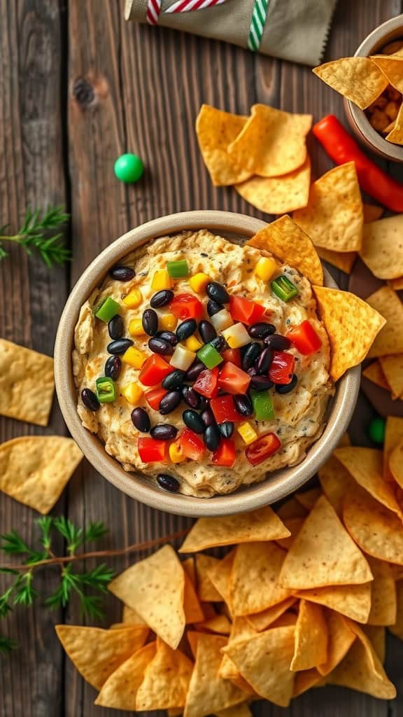 A bowl of colorful cowboy caviar dip with tortilla chips on the side.