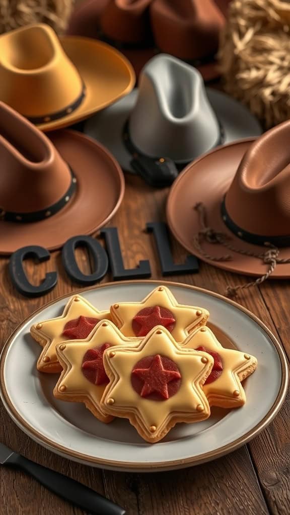 Sheriff badge cookies decorated with yellow and red icing, perfect for a cowgirl-themed party.