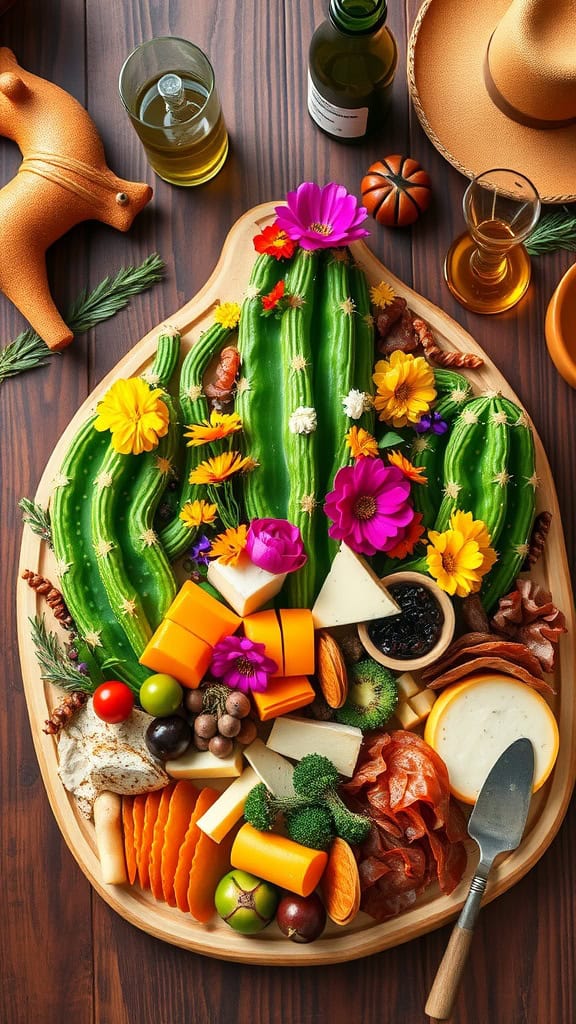 A decorative cactus-shaped charcuterie platter with colorful cheeses, meats, and garnishes.