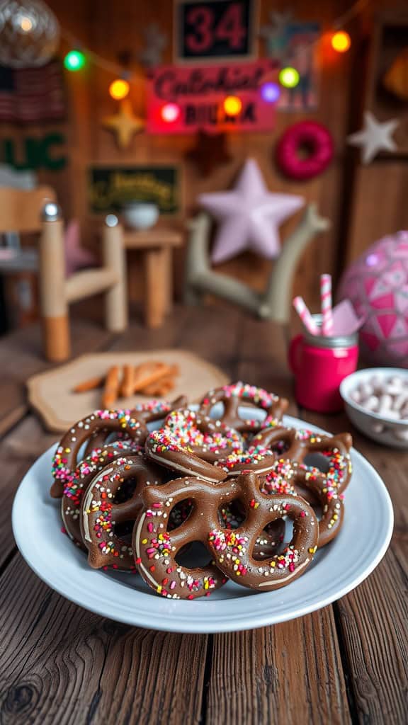 Chocolate Horseshoe Pretzels with colorful sprinkles on a plate