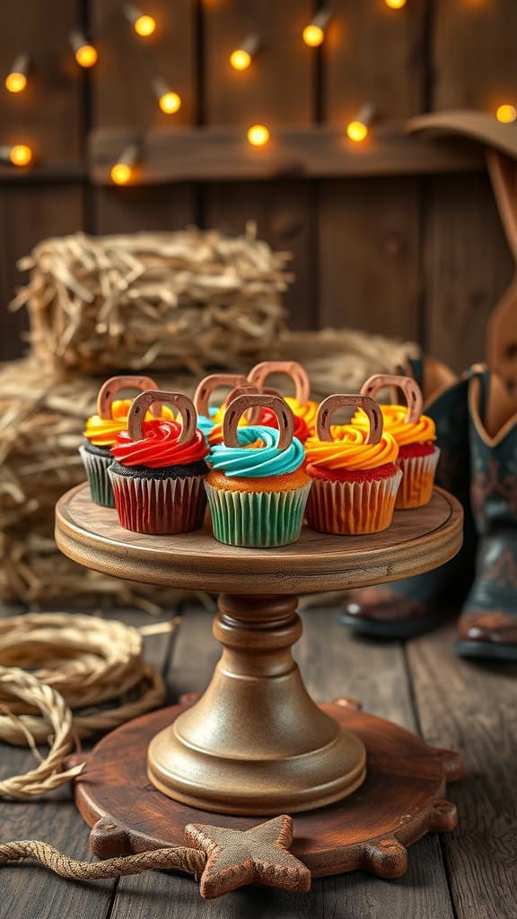 Colorful cupcakes on a rustic wooden stand with edible horseshoes on top.