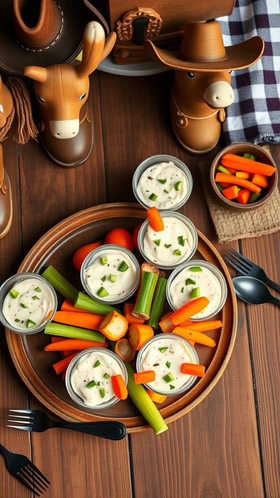 Ranch dip cups with fresh vegetables on a wooden table, perfect for a cowgirl party.