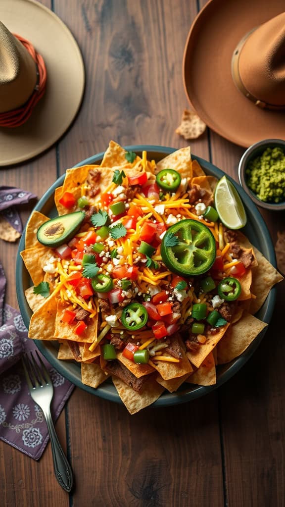 A vibrant nacho bar featuring tortilla chips topped with cheese, ground beef, fresh vegetables, and garnishes.