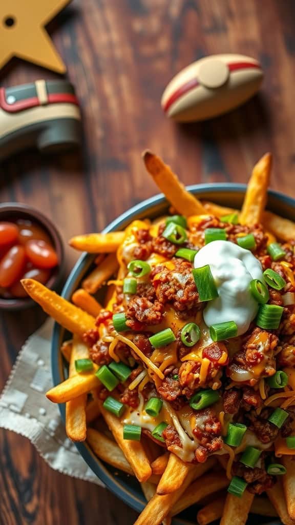 A delicious serving of baked chili fries topped with cheese and green onions in a bowl.