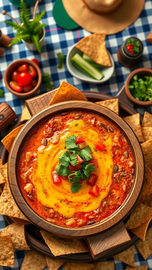 A bowl of Spicy Tex-Mex dip surrounded by tortilla chips, garnished with cilantro and diced tomatoes.