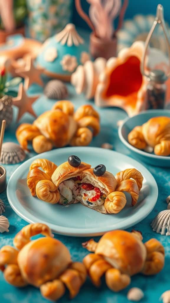 Mini croissant sandwiches shaped like crabs with olive eyes