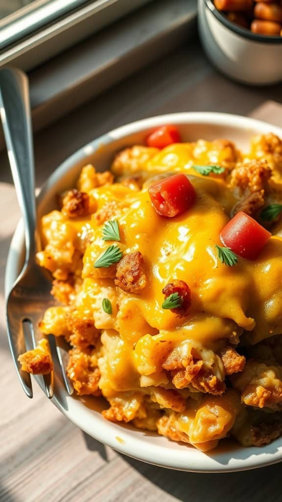 A bowl of Cracker Barrel Hashbrown Casserole topped with cheese and tomatoes.