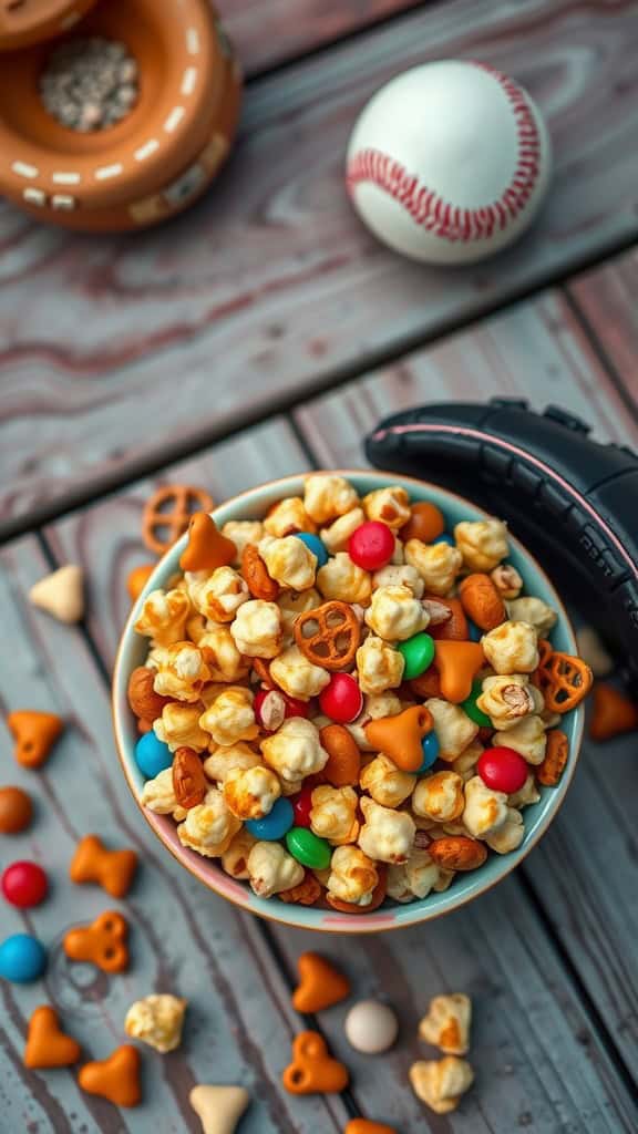 A colorful bowl of Cracker Jack-inspired snack mix featuring popcorn, pretzels, and candy.