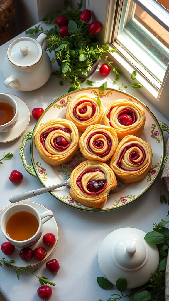 A platter of cranberry and brie pastry pinwheels, perfect for a tea party.