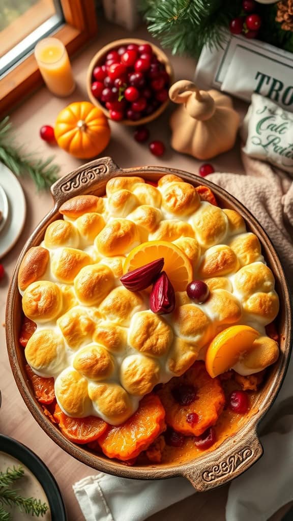 Cranberry orange sweet potato casserole with marshmallows and pecans.