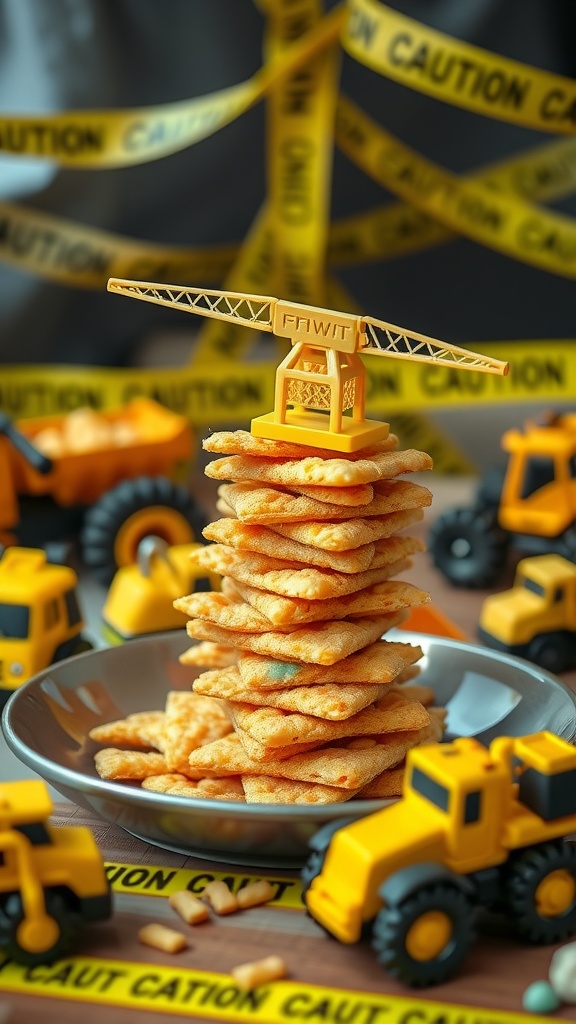 Savory stacks of crackers and cheese topped with construction-themed decorations.