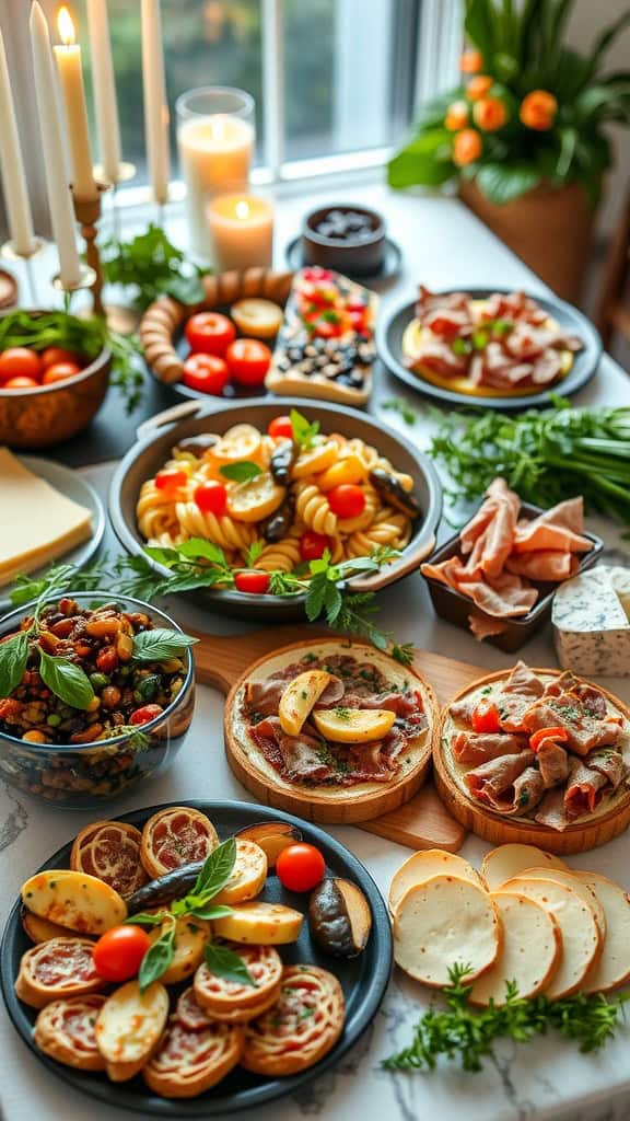 An assortment of Italian party food including antipasto, bruschetta, and colorful salads.