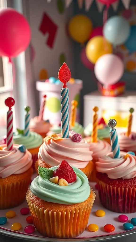 Colorful birthday party cupcakes with unique fillings and toppings.