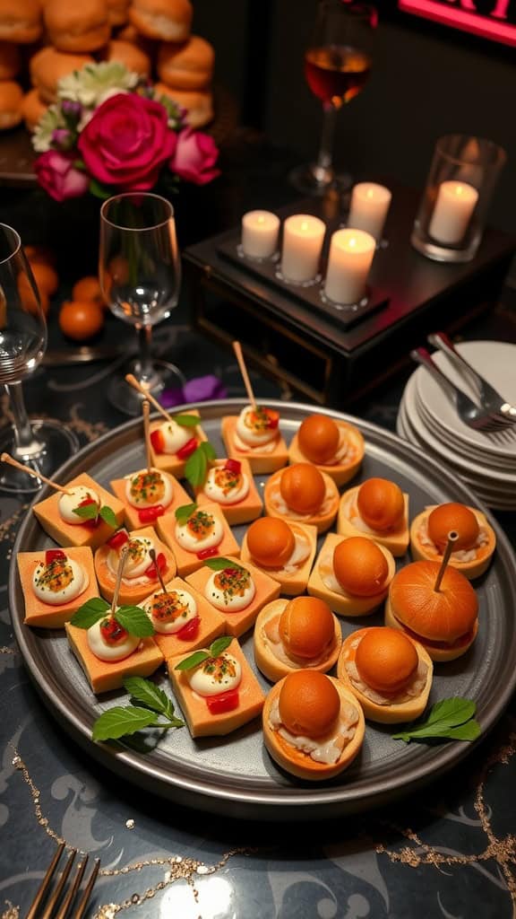 A stylish platter of creative mini savory tarts topped with cheese and herbs, perfect for cocktail-style engagement parties.