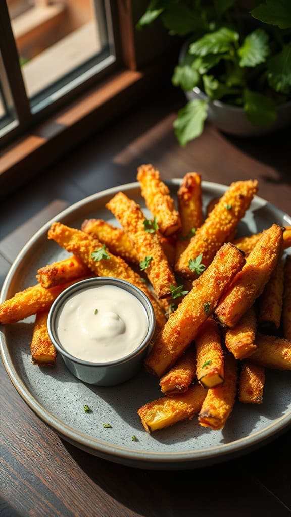 A plate of crispy Parmesan crusted zucchini fries served with a dipping sauce.