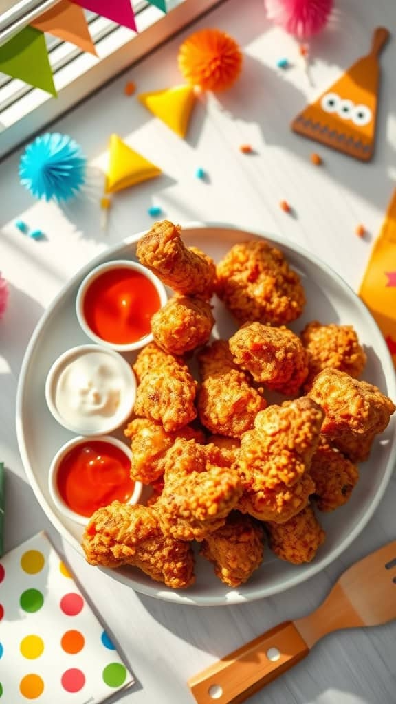 A plate of crispy air-fried chicken tenders served with dipping sauces.