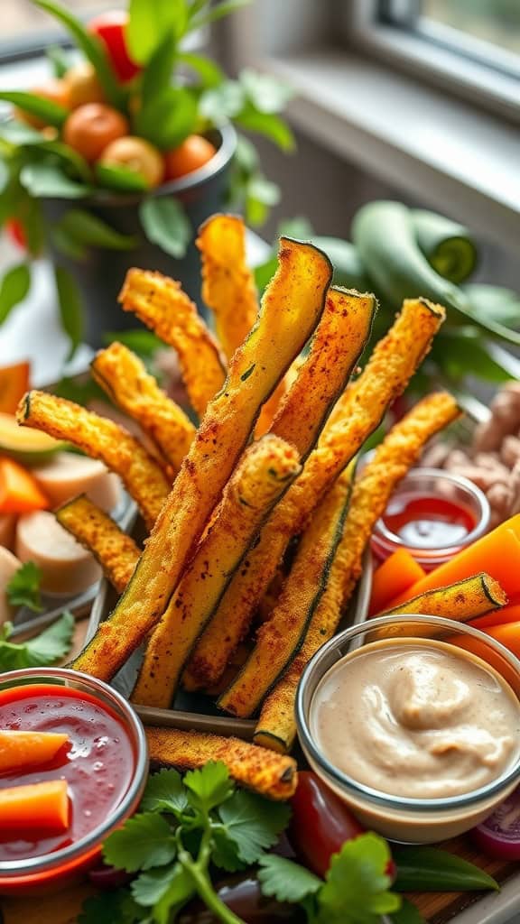 Plate of crispy Parmesan zucchini fries with dipping sauces and fresh vegetables.