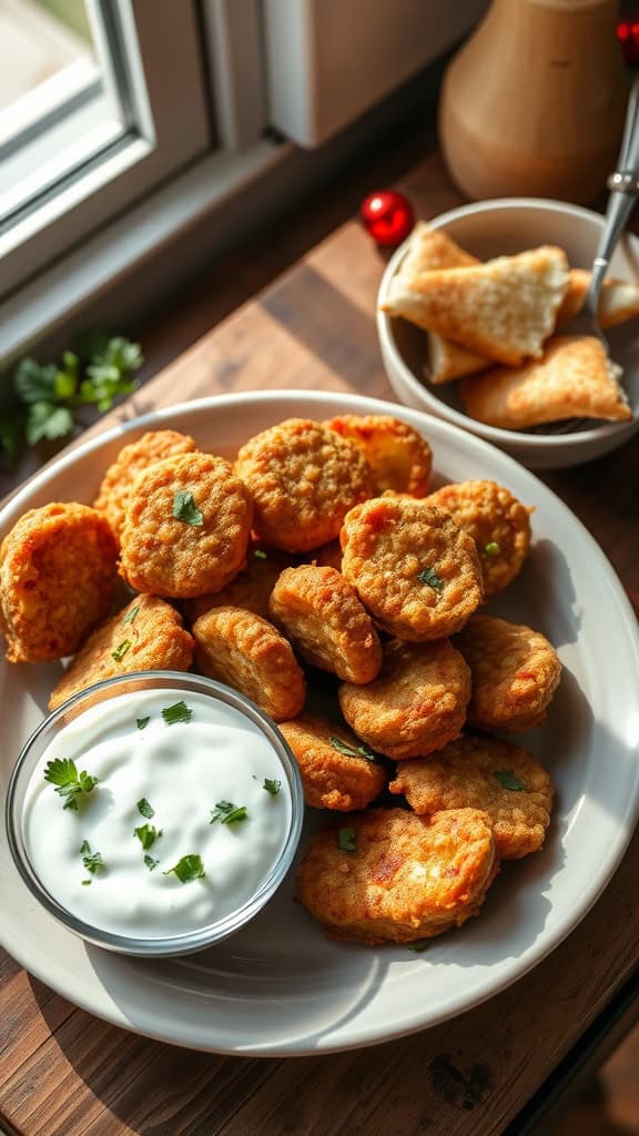 A plate of crispy air-fried pickles served with ranch dip.