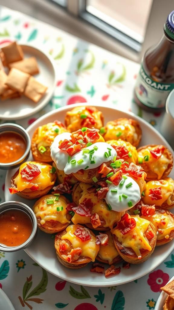 A delicious platter of crispy loaded potato bites topped with cheese, bacon, and sour cream.