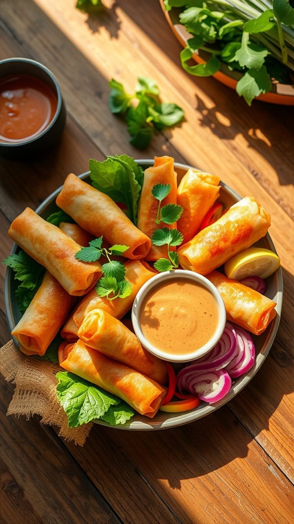 Crispy spring rolls served with peanut sauce and fresh vegetables on a platter.