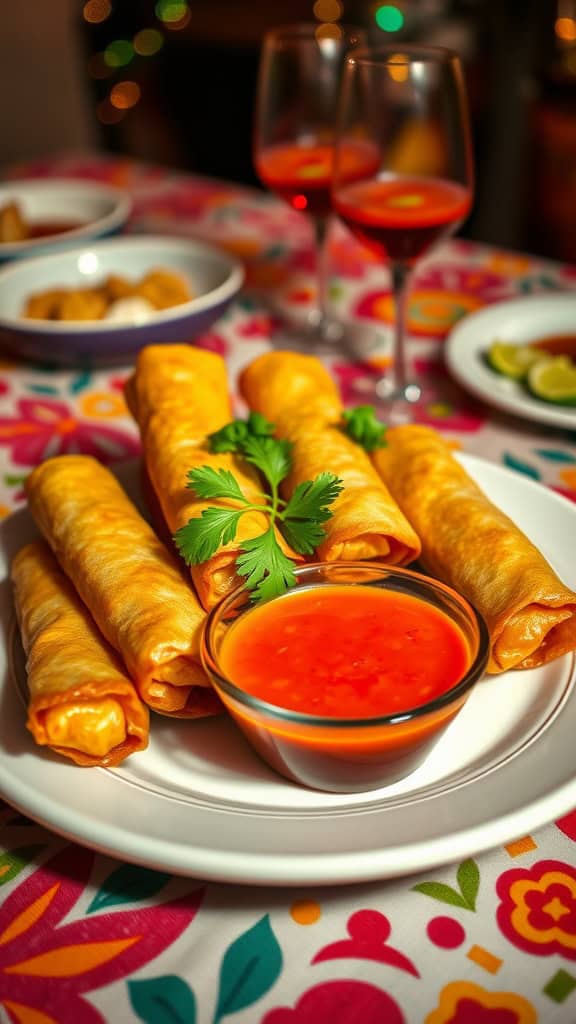 Crispy spring rolls served with dipping sauce on a festive table.