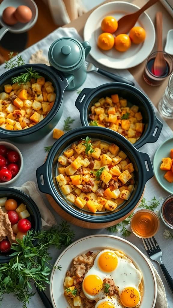 A delicious crockpot dish featuring diced potatoes, butternut squash, and fried eggs, perfect for a brunch party.