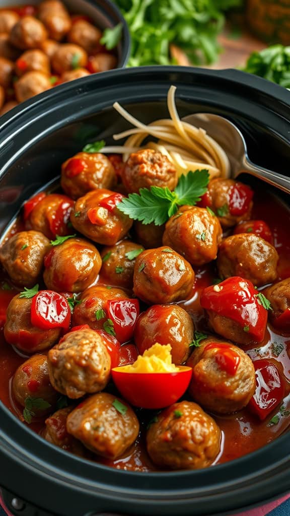 A delicious spread of meatballs in marinara sauce served in a crockpot.