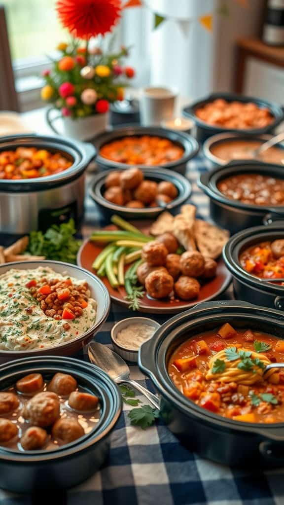 A variety of crockpot dishes ready for a party