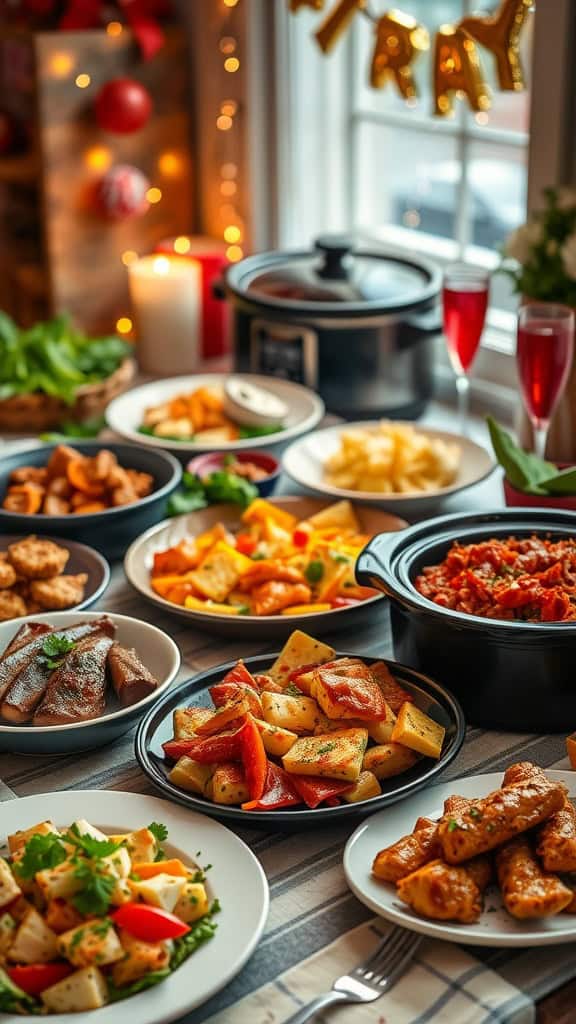 A festive table set for New Year's Eve with various crockpot dishes and appetizers.