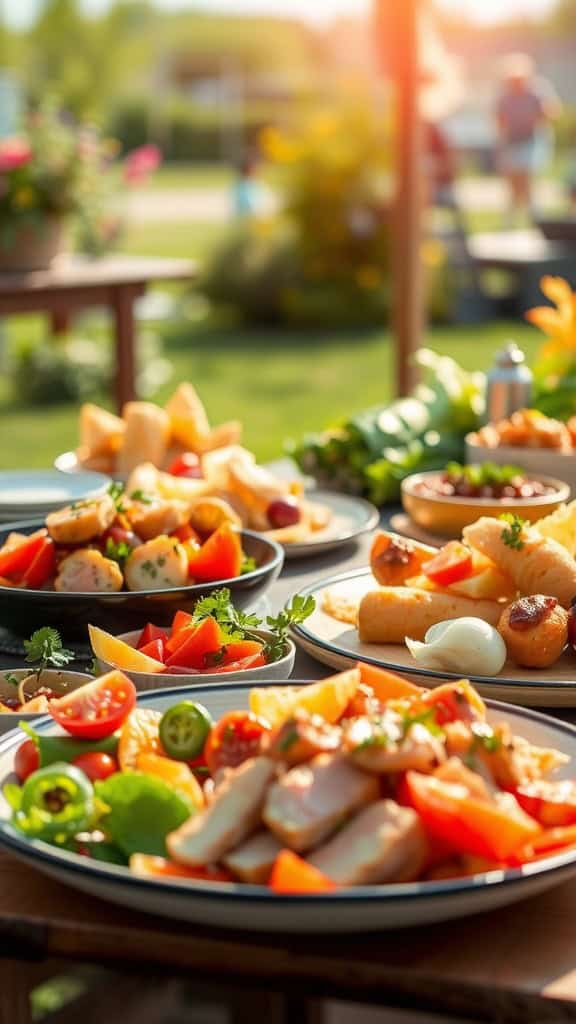 A colorful display of summer party food including fresh vegetables and chicken dishes.