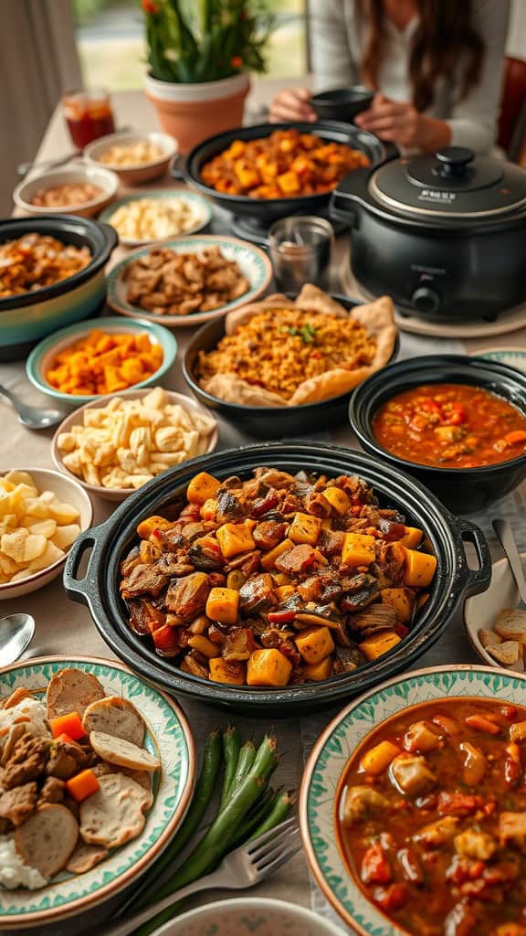 A table filled with various crockpot dishes, showcasing hearty main dishes and appetizers.