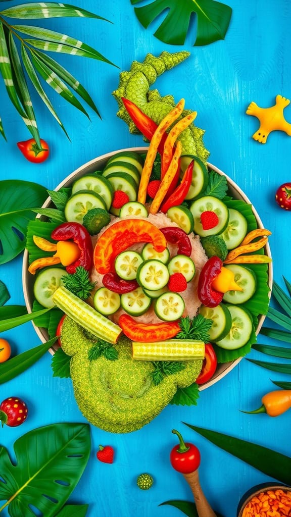 A creative crocodile-themed veggie platter featuring cucumbers, peppers, and a variety of colorful vegetables.