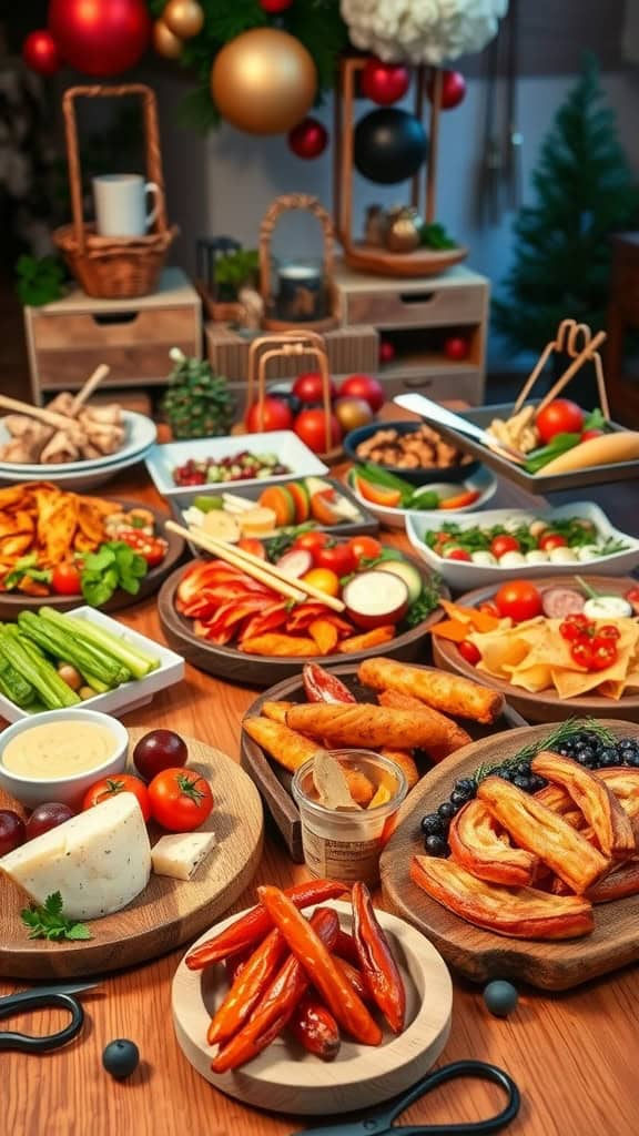 A colorful spread of assorted vegetables and dipping sauces on a wooden table.