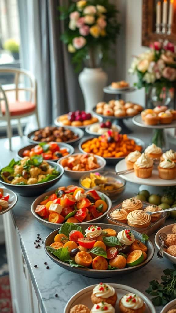 A colorful buffet spread featuring salads, roasted vegetables, and desserts for an engagement party.