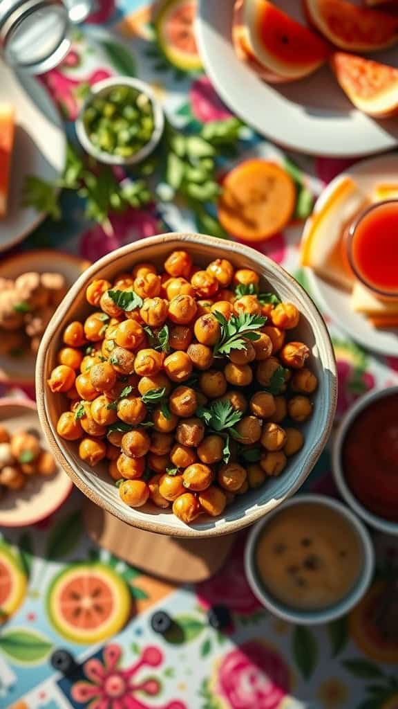 A bowl of crispy, ranch-flavored roasted chickpeas ready to be served at a party.