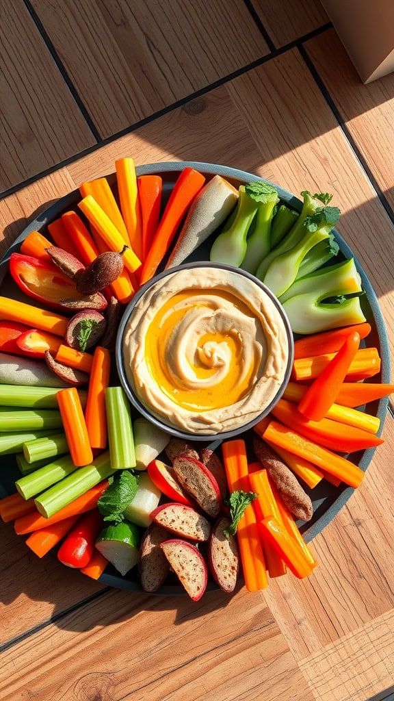 A colorful veggie grazing board featuring various fresh vegetables and a bowl of hummus.