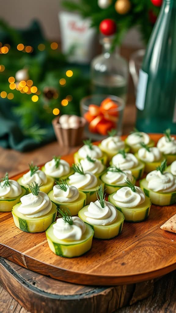 Cucumber bites topped with cream cheese and dill on a wooden board.