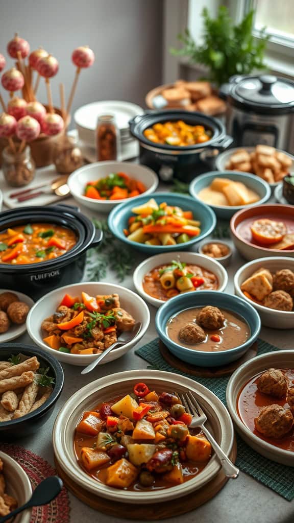 A variety of bowls filled with colorful food options, showcasing a spread of dairy-free crockpot dishes.