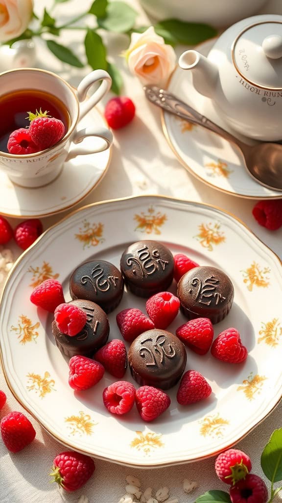 Dark Chocolate Raspberry Tea Bites arranged on a plate with fresh raspberries