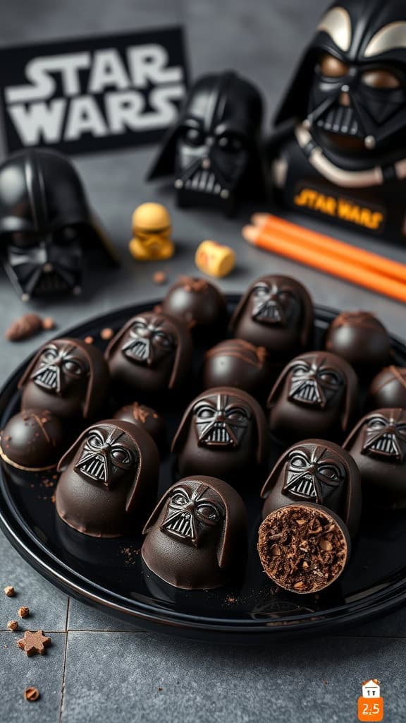 Dark chocolate truffles shaped like Darth Vader heads, perfect for a Star Wars party dessert.