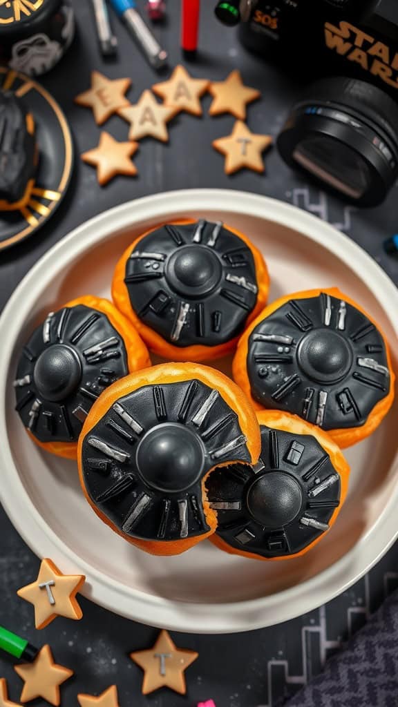 Delicious Death Star-themed donuts decorated for a Star Wars party.