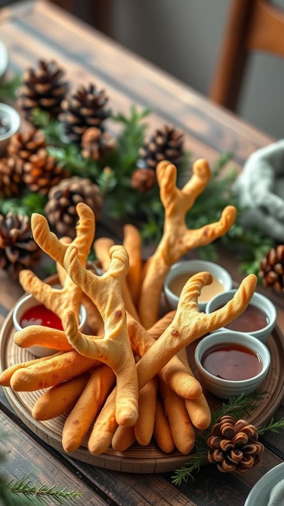 A plate of deer antler-shaped breadsticks surrounded by various dipping sauces.