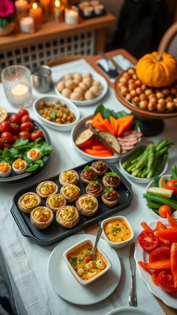 A beautifully arranged buffet table with various appetizers and party food.